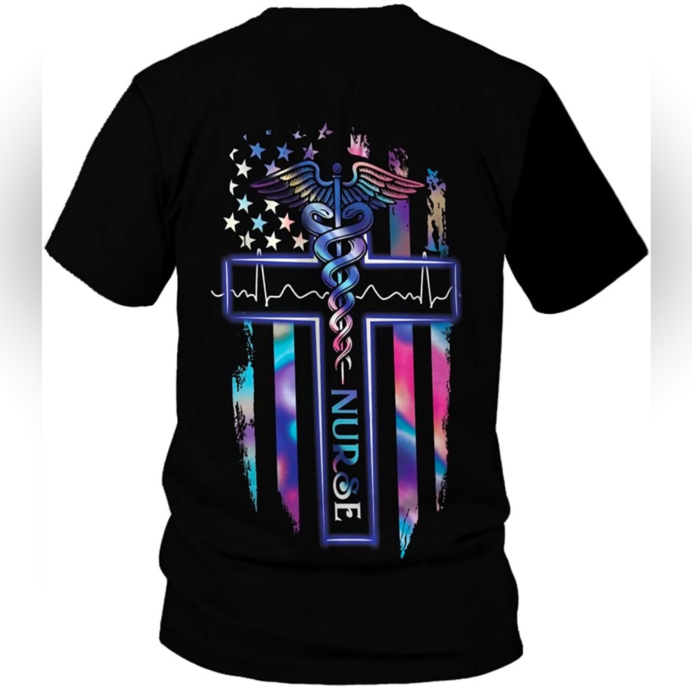 2🍒/$36~ICU Nurse Multi Colored Caduceus Logo Shirt~Small